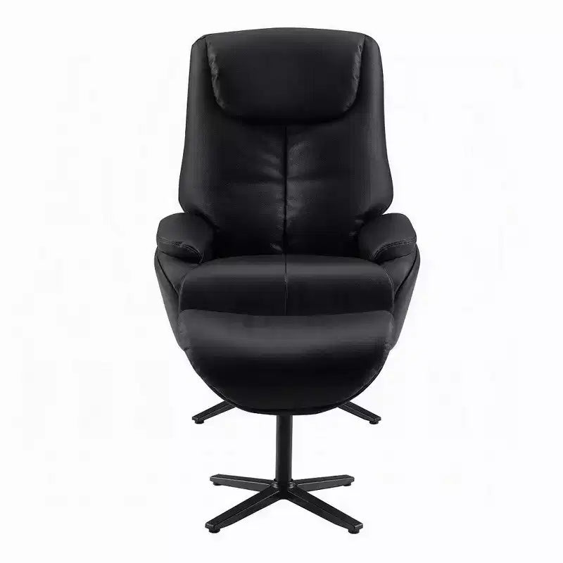 Swivel Accent Chair with Ottoman, Plush Black Top Grain Leather