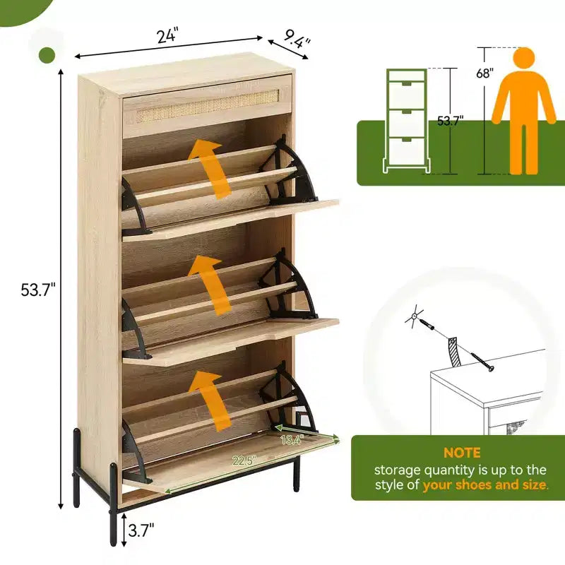 3-Tier Flip Drawer Shoe Cabinet  Narrow Rattan Organizer with Metal Legs for Entryway