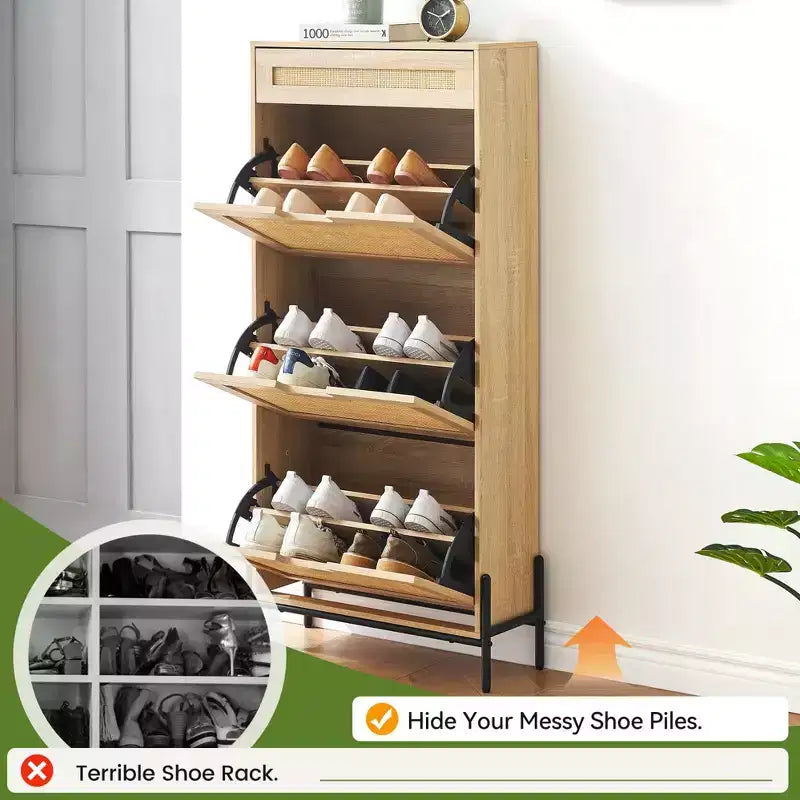 3-Tier Flip Drawer Shoe Cabinet  Narrow Rattan Organizer with Metal Legs for Entryway