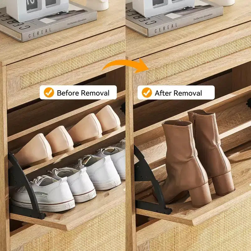 3-Tier Flip Drawer Shoe Cabinet  Narrow Rattan Organizer with Metal Legs for Entryway