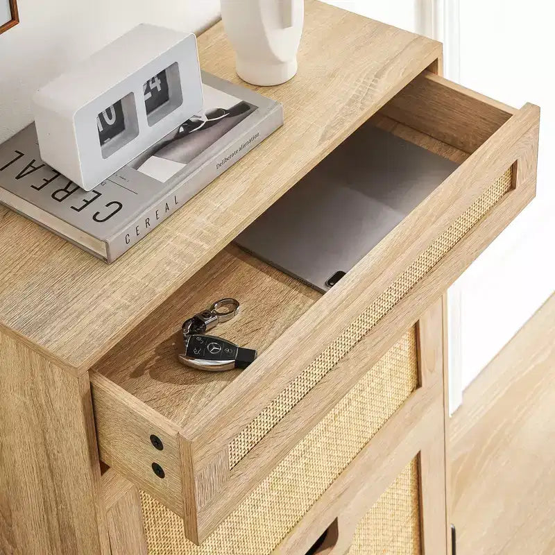 3-Tier Flip Drawer Shoe Cabinet  Narrow Rattan Organizer with Metal Legs for Entryway
