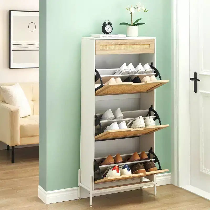 3-Tier Flip Drawer Shoe Cabinet  Narrow Rattan Organizer with Metal Legs for Entryway