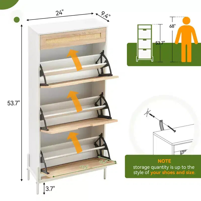 3-Tier Flip Drawer Shoe Cabinet  Narrow Rattan Organizer with Metal Legs for Entryway