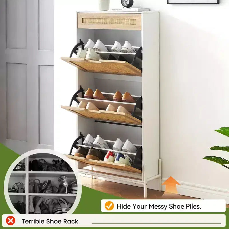 3-Tier Flip Drawer Shoe Cabinet  Narrow Rattan Organizer with Metal Legs for Entryway