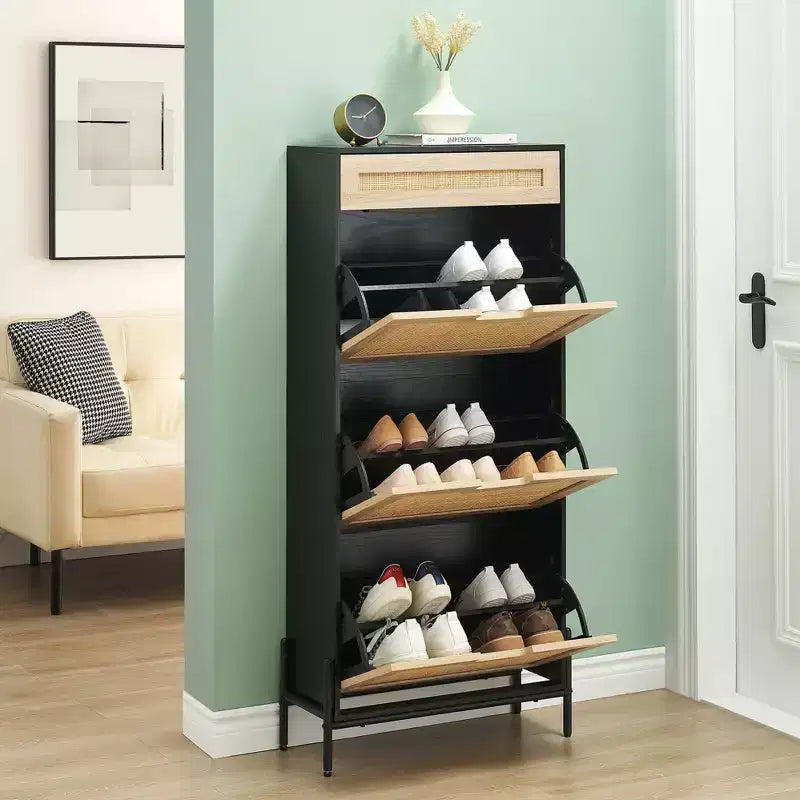 3-Tier Flip Drawer Shoe Cabinet  Narrow Rattan Organizer with Metal Legs for Entryway