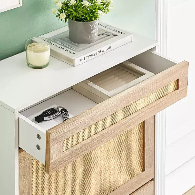 3-Tier Flip Drawer Shoe Cabinet  Narrow Rattan Organizer with Metal Legs for Entryway
