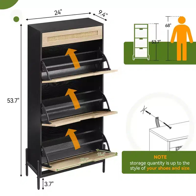 3-Tier Flip Drawer Shoe Cabinet  Narrow Rattan Organizer with Metal Legs for Entryway