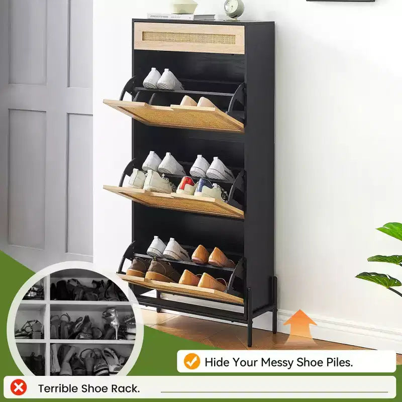 3-Tier Flip Drawer Shoe Cabinet  Narrow Rattan Organizer with Metal Legs for Entryway