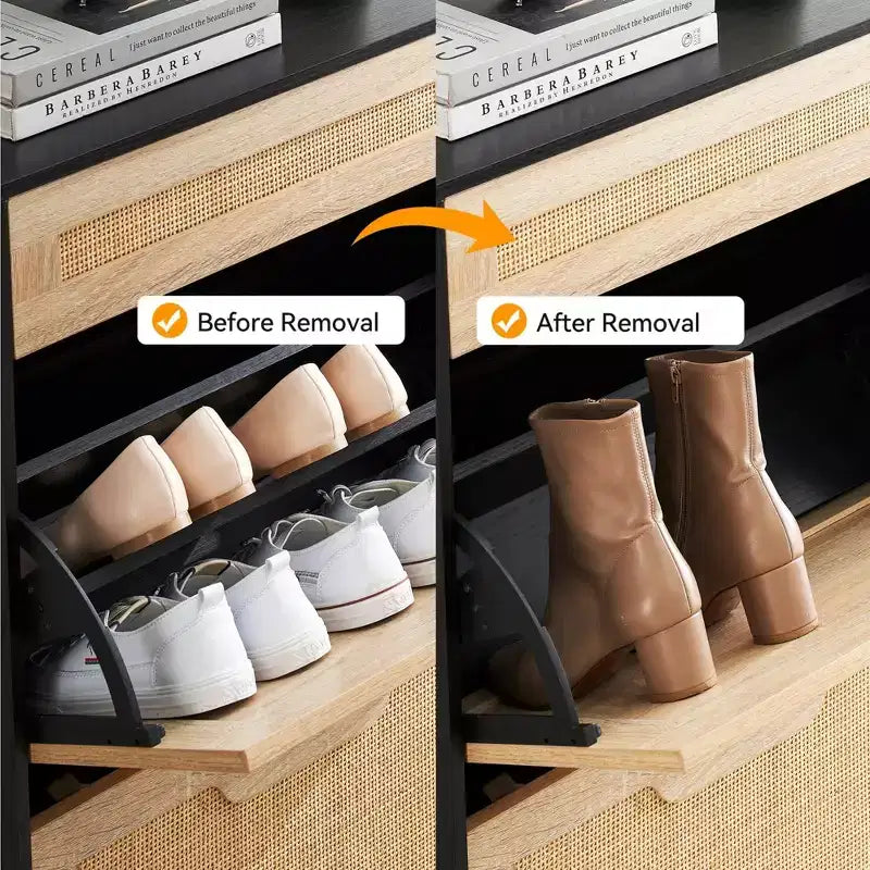 3-Tier Flip Drawer Shoe Cabinet  Narrow Rattan Organizer with Metal Legs for Entryway