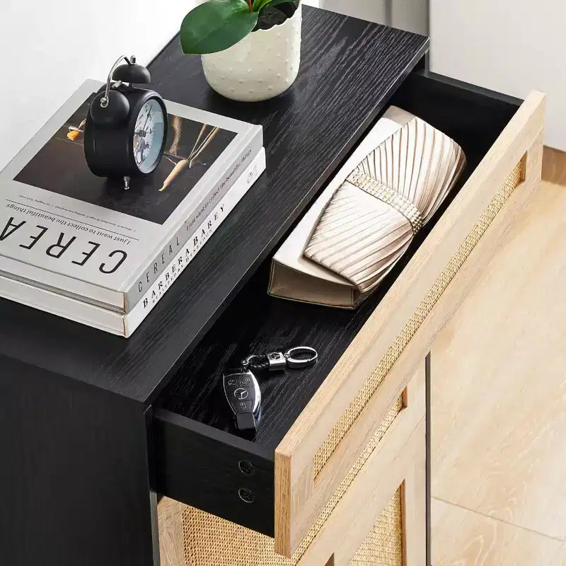 3-Tier Flip Drawer Shoe Cabinet  Narrow Rattan Organizer with Metal Legs for Entryway