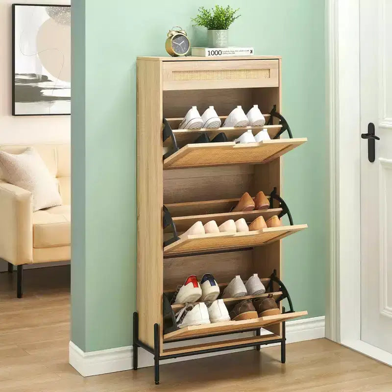 3-Tier Flip Drawer Shoe Cabinet  Narrow Rattan Organizer with Metal Legs for Entryway