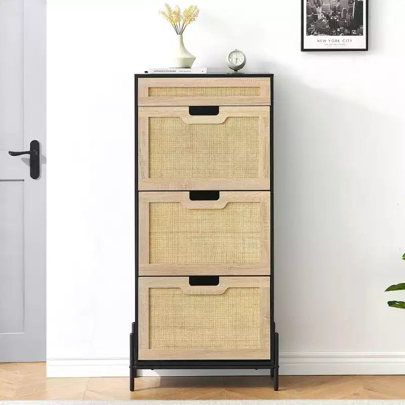 3-Tier Flip Drawer Shoe Cabinet  Narrow Rattan Organizer with Metal Legs for Entryway