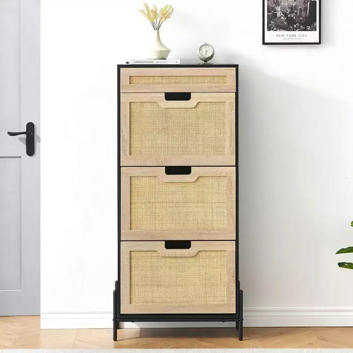 3-Tier Flip Drawer Shoe Cabinet  Narrow Rattan Organizer with Metal Legs for Entryway