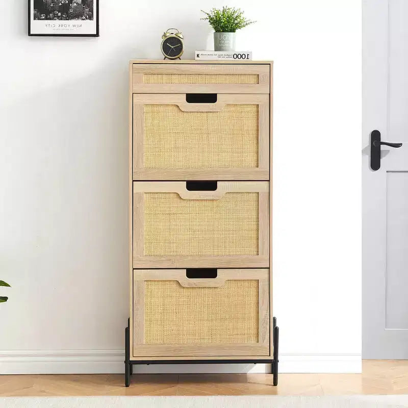 3-Tier Flip Drawer Shoe Cabinet  Narrow Rattan Organizer with Metal Legs for Entryway