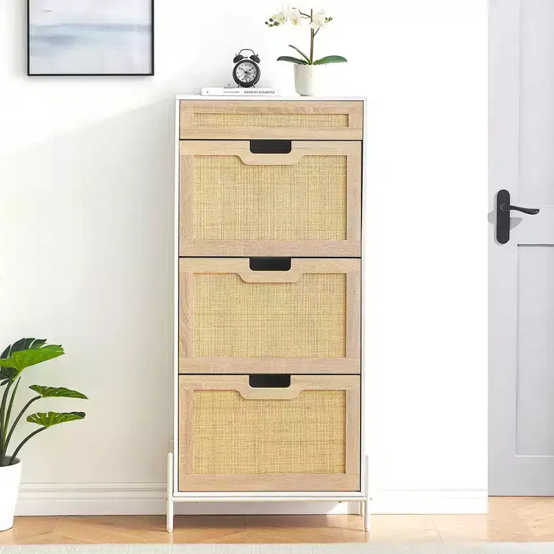 3-Tier Flip Drawer Shoe Cabinet  Narrow Rattan Organizer with Metal Legs for Entryway