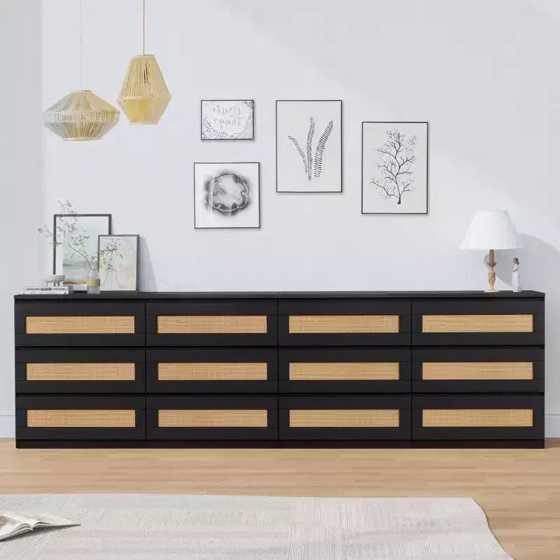 Rattan Dresser for Bedroom with 6 Drawers, 47 Modern Farmhouse Wide Chest of Drawers, Wood Storage Cabinet Organizer for Closet, Living Room, Hallway