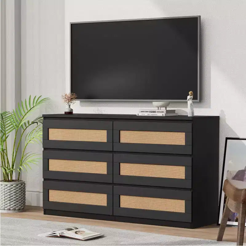Rattan Dresser for Bedroom with 6 Drawers, 47 Modern Farmhouse Wide Chest of Drawers, Wood Storage Cabinet Organizer for Closet, Living Room, Hallway