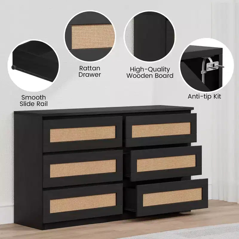 Rattan Dresser for Bedroom with 6 Drawers, 47 Modern Farmhouse Wide Chest of Drawers, Wood Storage Cabinet Organizer for Closet, Living Room, Hallway