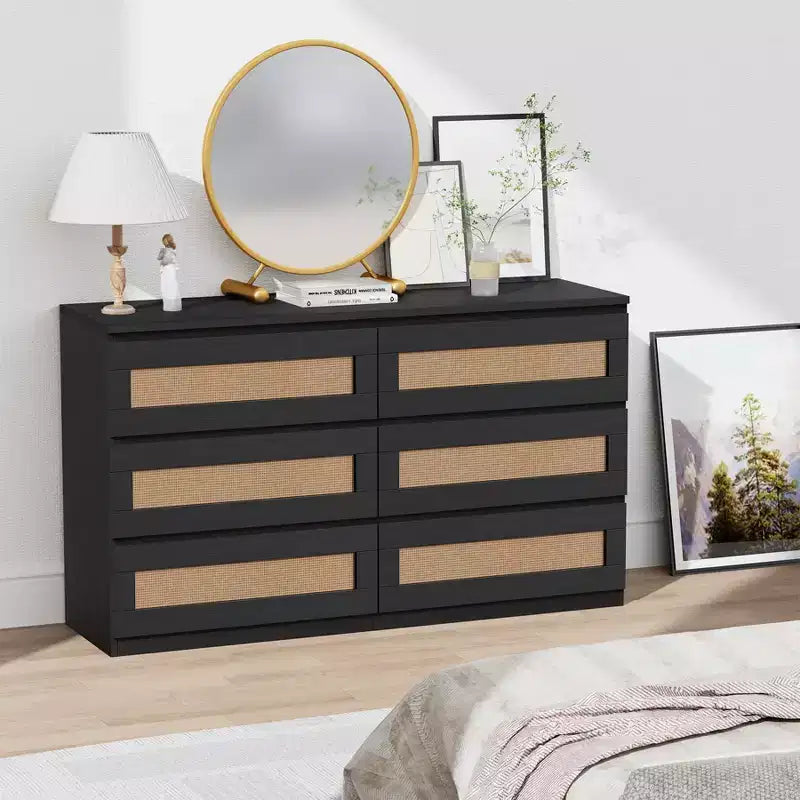 Rattan Dresser for Bedroom with 6 Drawers, 47 Modern Farmhouse Wide Chest of Drawers, Wood Storage Cabinet Organizer for Closet, Living Room, Hallway