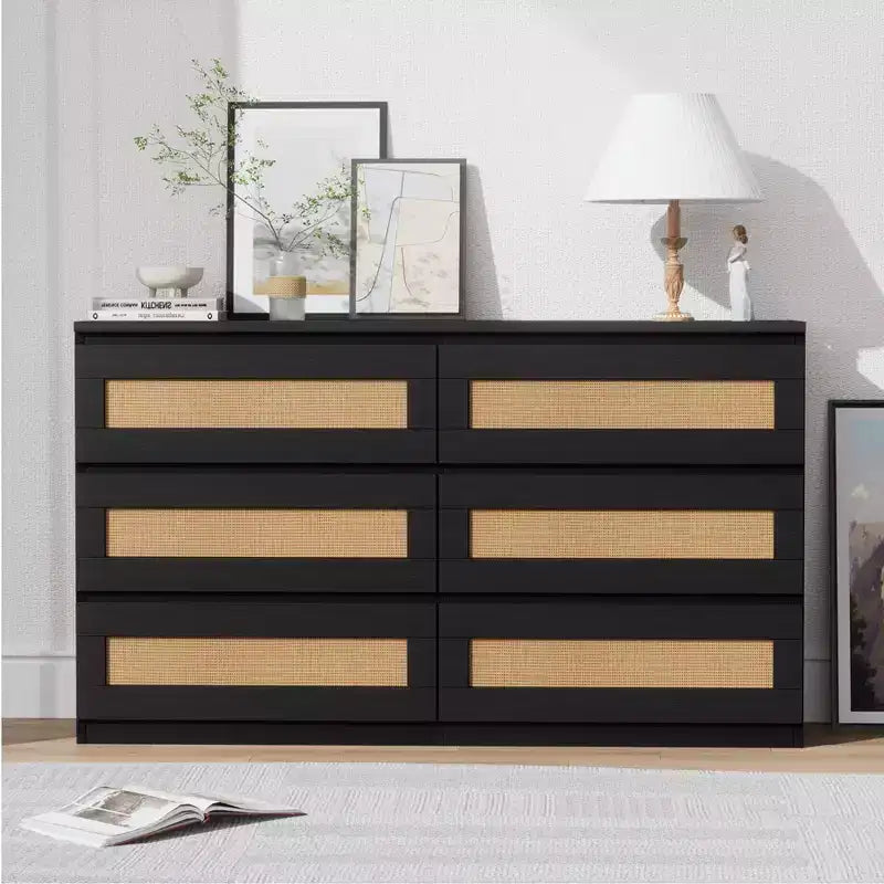 Rattan Dresser for Bedroom with 6 Drawers, 47 Modern Farmhouse Wide Chest of Drawers, Wood Storage Cabinet Organizer for Closet, Living Room, Hallway