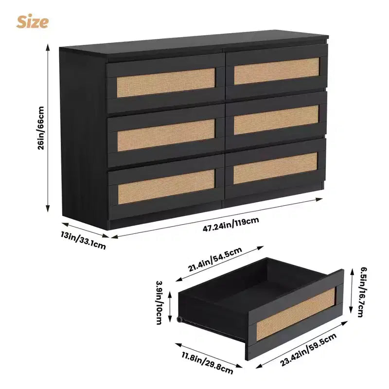 Rattan Dresser for Bedroom with 6 Drawers, 47 Modern Farmhouse Wide Chest of Drawers, Wood Storage Cabinet Organizer for Closet, Living Room, Hallway