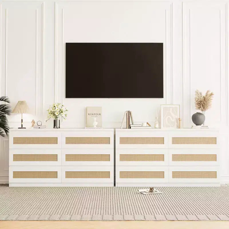 Rattan Dresser for Bedroom with 6 Drawers, 47 Modern Farmhouse Wide Chest of Drawers, Wood Storage Cabinet Organizer for Closet, Living Room, Hallway