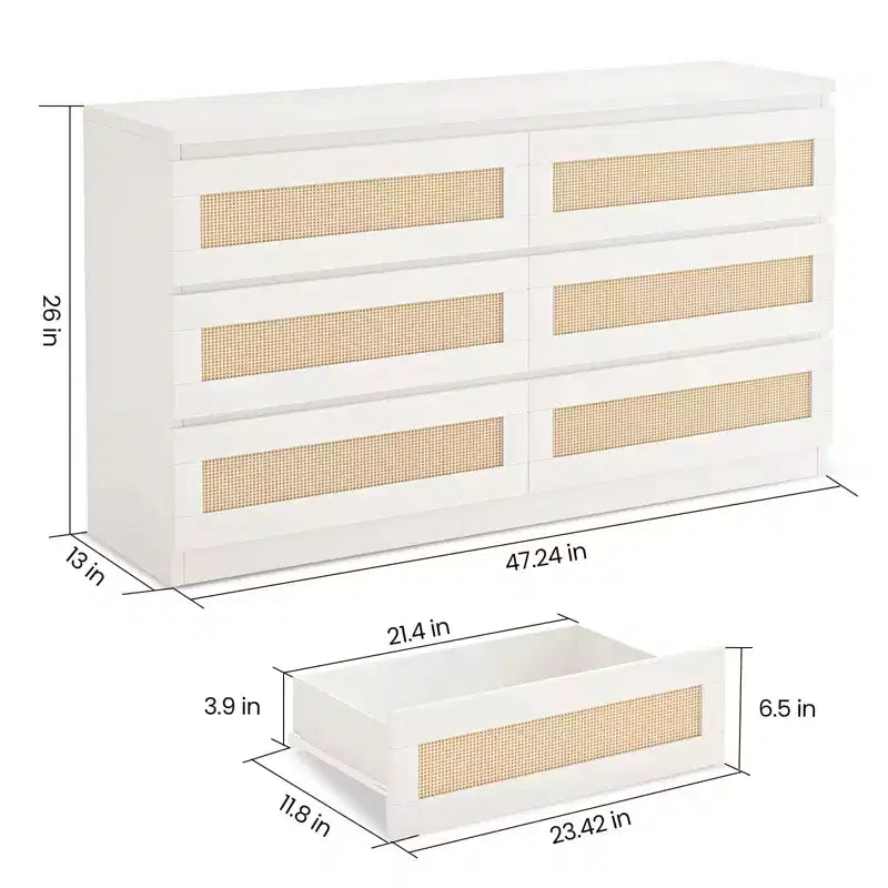 Rattan Dresser for Bedroom with 6 Drawers, 47 Modern Farmhouse Wide Chest of Drawers, Wood Storage Cabinet Organizer for Closet, Living Room, Hallway