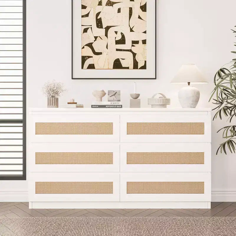 Rattan Dresser for Bedroom with 6 Drawers, 47 Modern Farmhouse Wide Chest of Drawers, Wood Storage Cabinet Organizer for Closet, Living Room, Hallway