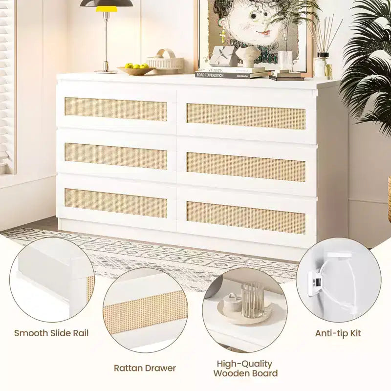 Rattan Dresser for Bedroom with 6 Drawers, 47 Modern Farmhouse Wide Chest of Drawers, Wood Storage Cabinet Organizer for Closet, Living Room, Hallway
