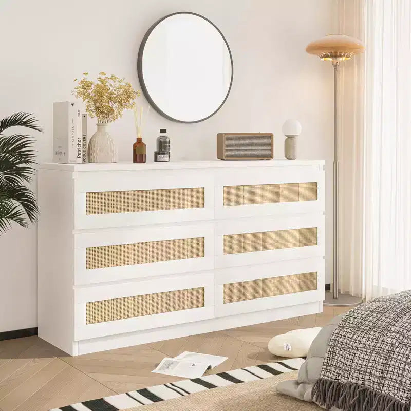 Rattan Dresser for Bedroom with 6 Drawers, 47 Modern Farmhouse Wide Chest of Drawers, Wood Storage Cabinet Organizer for Closet, Living Room, Hallway