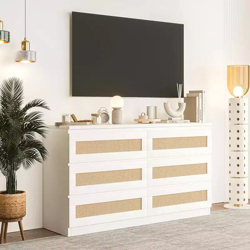 Rattan Dresser for Bedroom with 6 Drawers, 47 Modern Farmhouse Wide Chest of Drawers, Wood Storage Cabinet Organizer for Closet, Living Room, Hallway