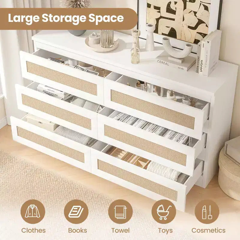 Rattan Dresser for Bedroom with 6 Drawers, 47 Modern Farmhouse Wide Chest of Drawers, Wood Storage Cabinet Organizer for Closet, Living Room, Hallway