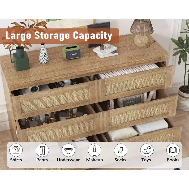 Rattan Dresser for Bedroom with 6 Drawers, 47 Modern Farmhouse Wide Chest of Drawers, Wood Storage Cabinet Organizer for Closet, Living Room, Hallway