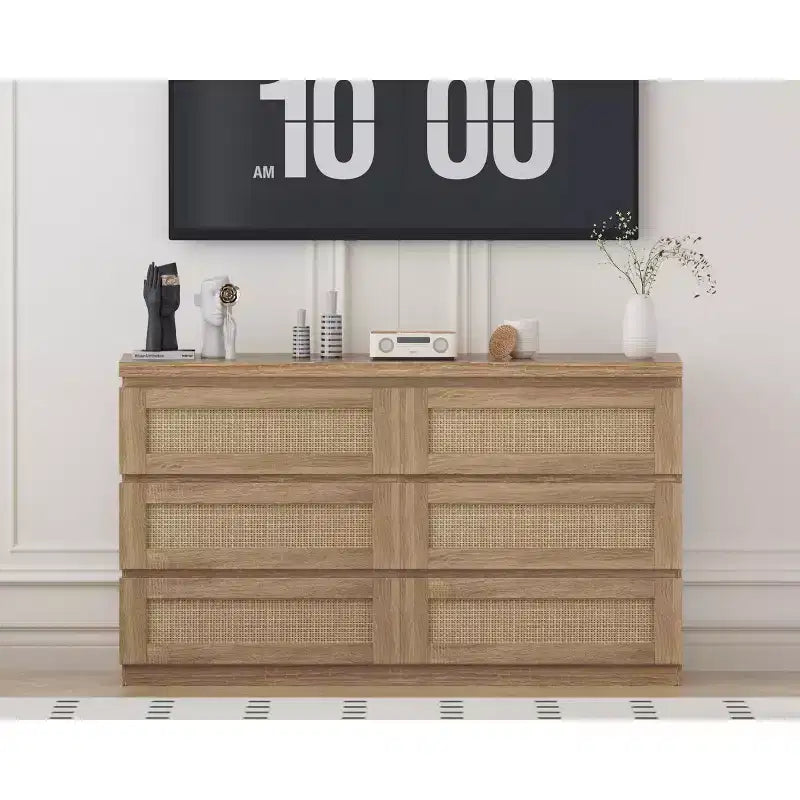 Rattan Dresser for Bedroom with 6 Drawers, 47 Modern Farmhouse Wide Chest of Drawers, Wood Storage Cabinet Organizer for Closet, Living Room, Hallway