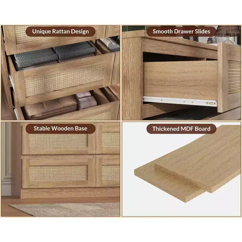 Rattan Dresser for Bedroom with 6 Drawers, 47 Modern Farmhouse Wide Chest of Drawers, Wood Storage Cabinet Organizer for Closet, Living Room, Hallway