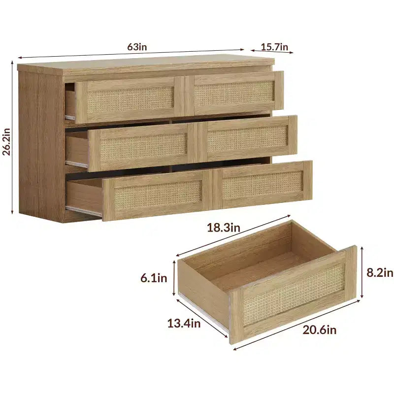 Rattan Dresser for Bedroom with 6 Drawers, 47 Modern Farmhouse Wide Chest of Drawers, Wood Storage Cabinet Organizer for Closet, Living Room, Hallway