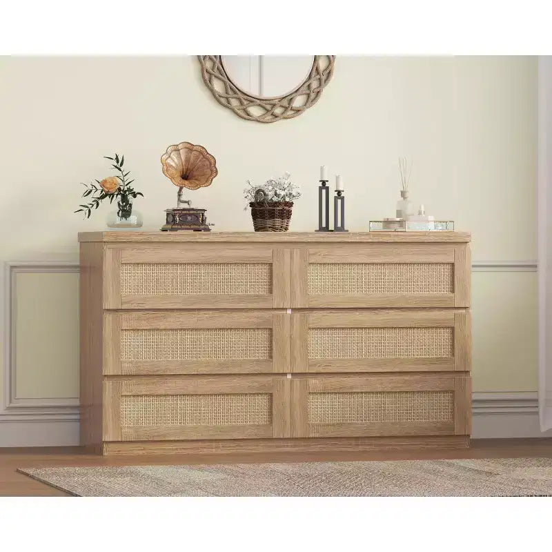 Rattan Dresser for Bedroom with 6 Drawers, 47 Modern Farmhouse Wide Chest of Drawers, Wood Storage Cabinet Organizer for Closet, Living Room, Hallway