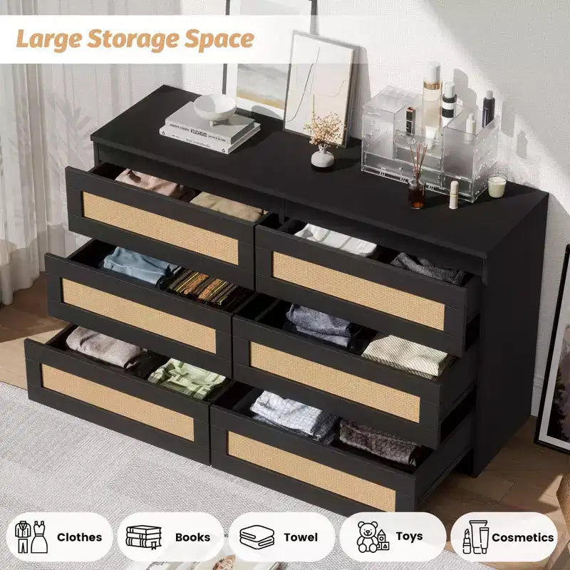 Rattan Dresser for Bedroom with 6 Drawers, 47 Modern Farmhouse Wide Chest of Drawers, Wood Storage Cabinet Organizer for Closet, Living Room, Hallway