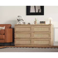 Rattan Dresser for Bedroom with 6 Drawers, 47 Modern Farmhouse Wide Chest of Drawers, Wood Storage Cabinet Organizer for Closet, Living Room, Hallway