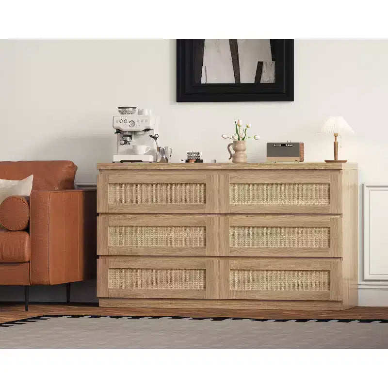 Rattan Dresser for Bedroom with 6 Drawers, 47 Modern Farmhouse Wide Chest of Drawers, Wood Storage Cabinet Organizer for Closet, Living Room, Hallway