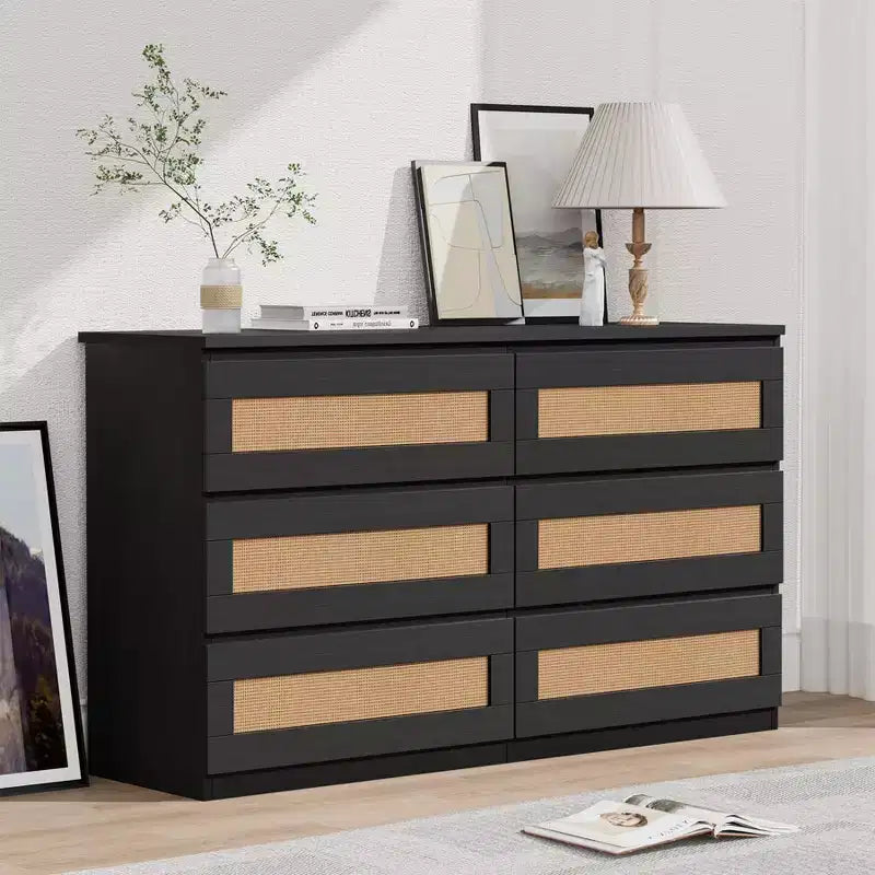 Rattan Dresser for Bedroom with 6 Drawers, 47 Modern Farmhouse Wide Chest of Drawers, Wood Storage Cabinet Organizer for Closet, Living Room, Hallway