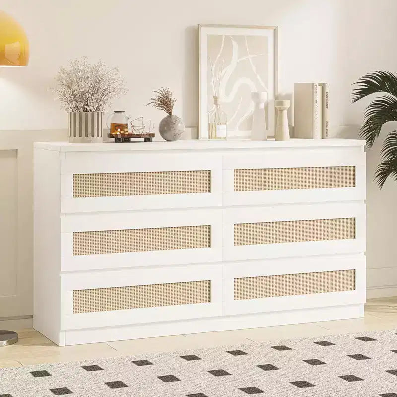 Rattan Dresser for Bedroom with 6 Drawers, 47 Modern Farmhouse Wide Chest of Drawers, Wood Storage Cabinet Organizer for Closet, Living Room, Hallway