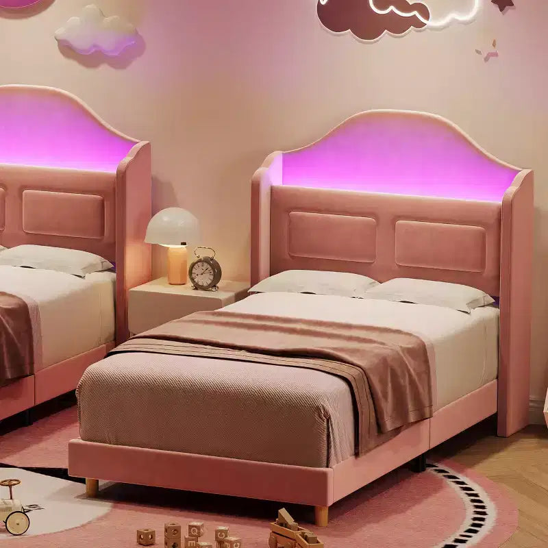 Twin Bed Frame with Storage Headboard and LED Lights, Upholstered Velvet Platform Bed for Kids, No Box Spring Needed, Sturdy Metal & Wood Frame