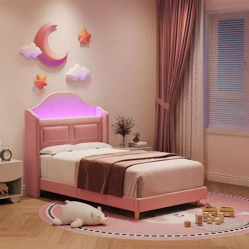Twin Bed Frame with Storage Headboard and LED Lights, Upholstered Velvet Platform Bed for Kids, No Box Spring Needed, Sturdy Metal & Wood Frame