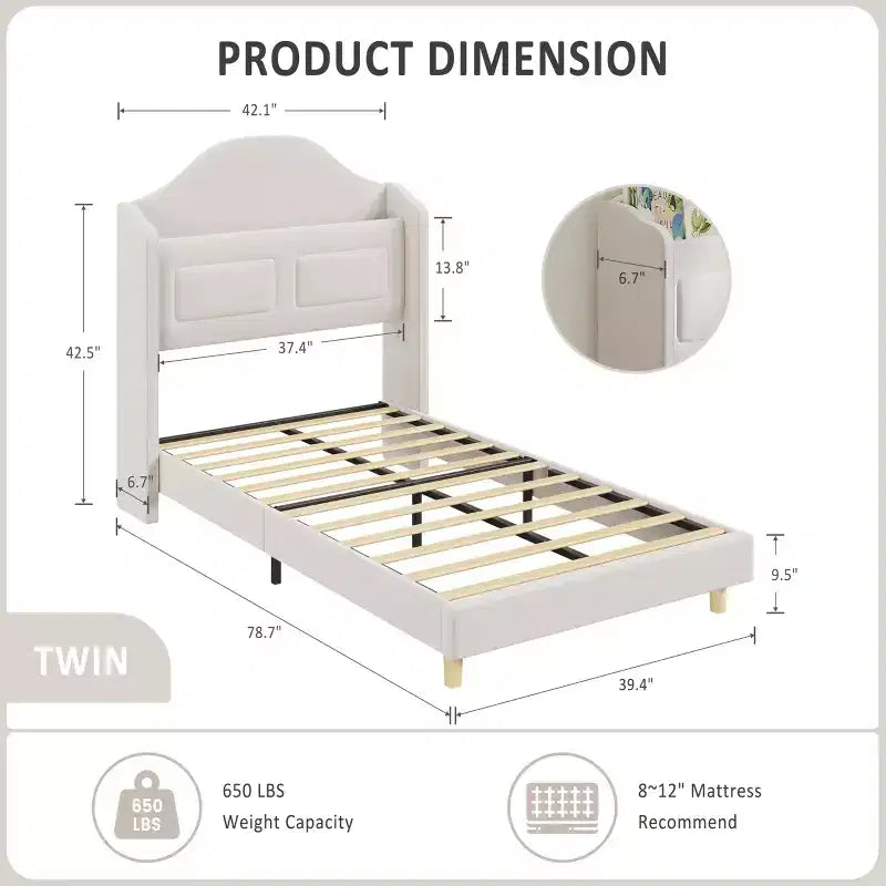 Twin Bed Frame with Storage Headboard and LED Lights, Upholstered Velvet Platform Bed for Kids, No Box Spring Needed, Sturdy Metal & Wood Frame