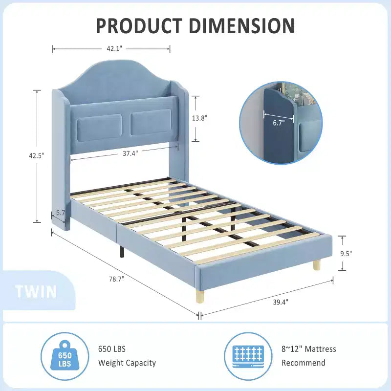 Twin Bed Frame with Storage Headboard and LED Lights, Upholstered Velvet Platform Bed for Kids, No Box Spring Needed, Sturdy Metal & Wood Frame