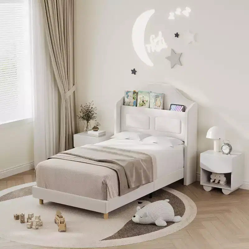 Twin Bed Frame with Storage Headboard and LED Lights, Upholstered Velvet Platform Bed for Kids, No Box Spring Needed, Sturdy Metal & Wood Frame