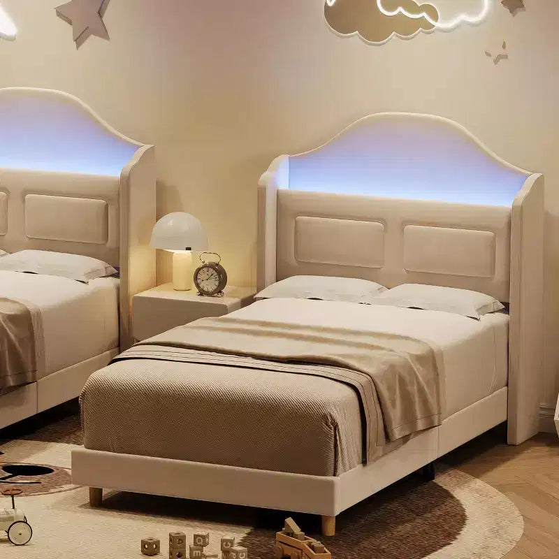 Twin Bed Frame with Storage Headboard and LED Lights, Upholstered Velvet Platform Bed for Kids, No Box Spring Needed, Sturdy Metal & Wood Frame