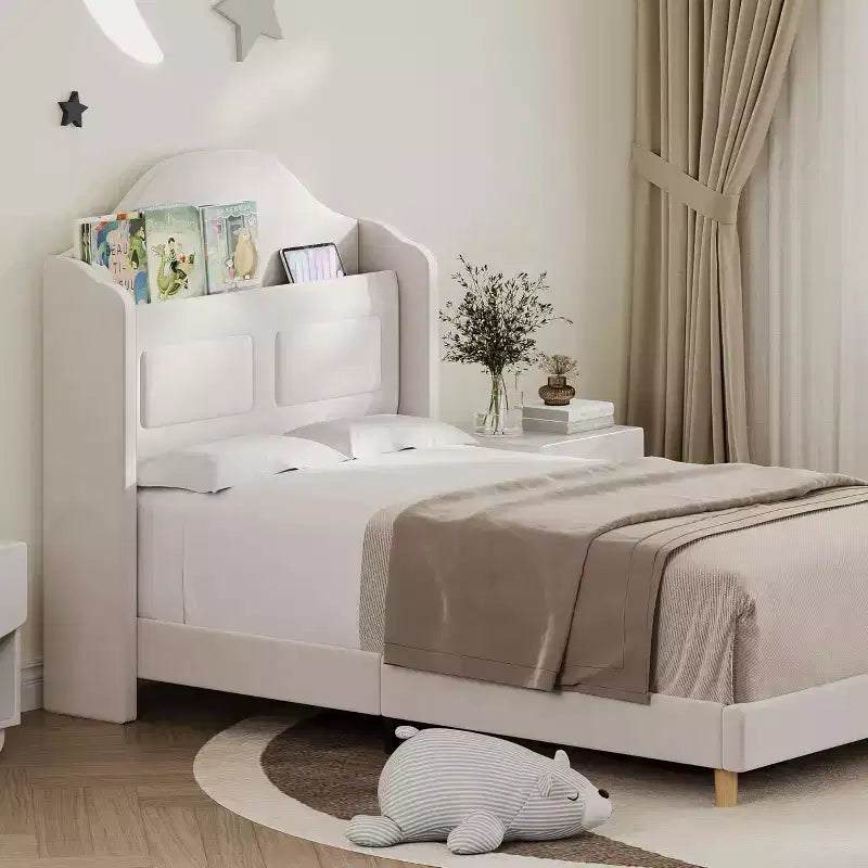 Twin Bed Frame with Storage Headboard and LED Lights, Upholstered Velvet Platform Bed for Kids, No Box Spring Needed, Sturdy Metal & Wood Frame