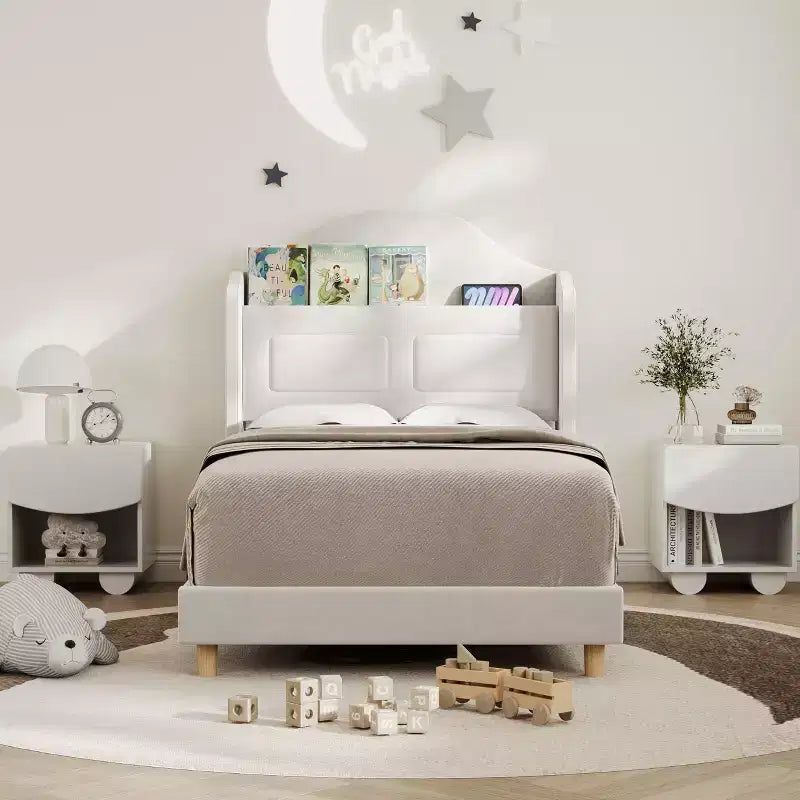 Twin Bed Frame with Storage Headboard and LED Lights, Upholstered Velvet Platform Bed for Kids, No Box Spring Needed, Sturdy Metal & Wood Frame